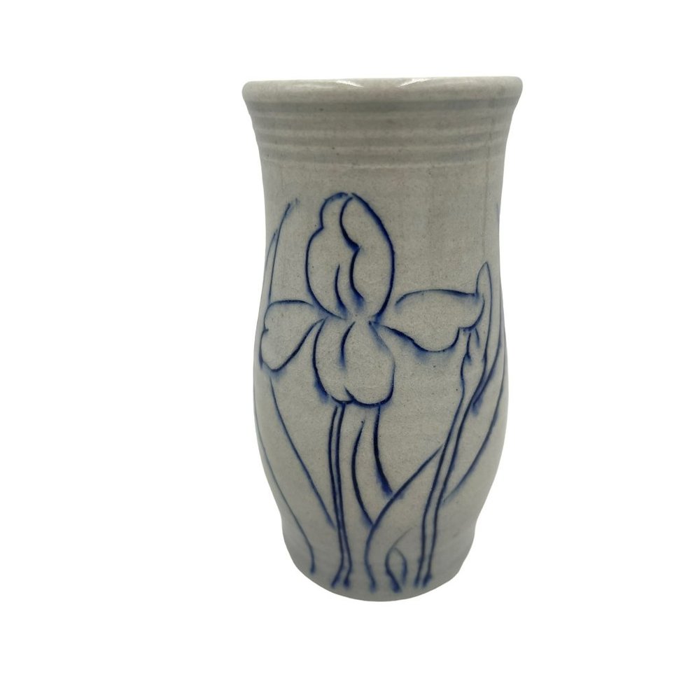Vintage Art Pottery Vase Gray Salt Glazed w Blue Iris Flower 6" Tall Signed